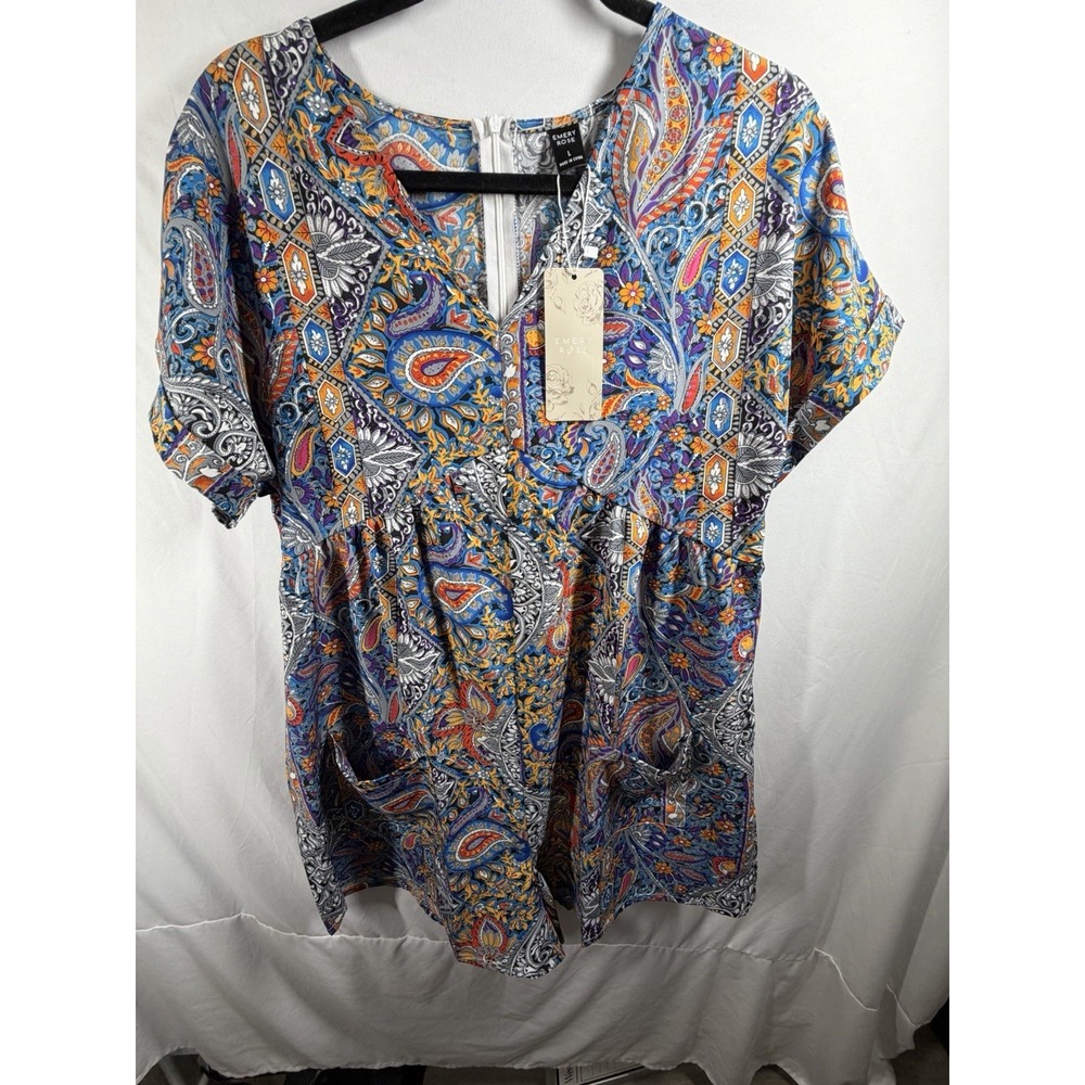 Emery Rose Boho Paisley Print Romper Size L Blue Orange Floral Playsuit Pockets